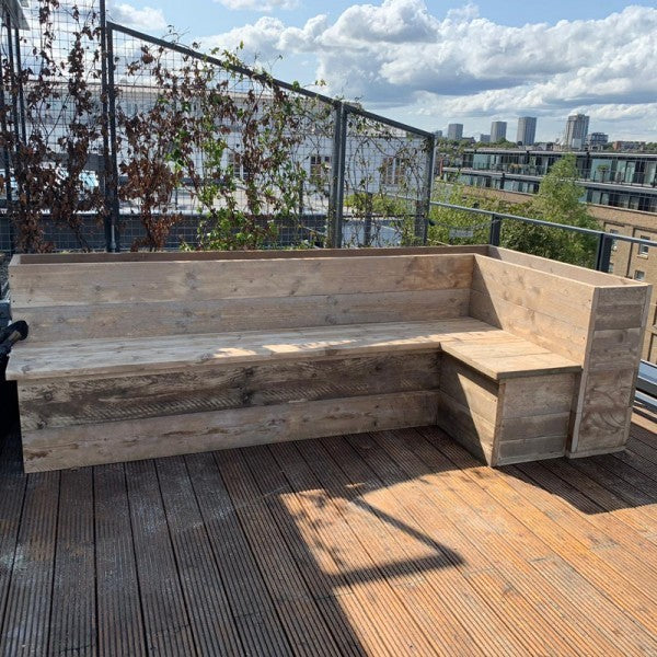 Corner seating bench with planter